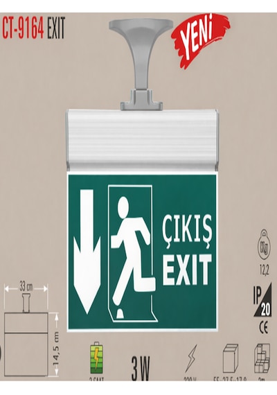 Cata Ct-9164 3w Şarjlı Exıt Acil Çıkış Armatürü Aşağı Ok Yönlendirmeli 3 Saat