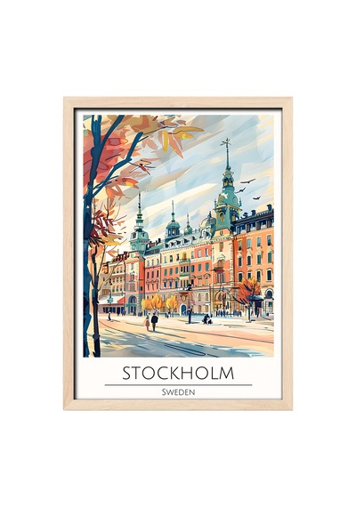 Stockholm Sweden Travel Poster Ahşap Çerçeveli Dekoratif Duvar Tablosu Ahşap 01
