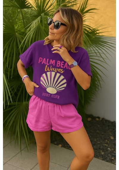 Palm Beach Waves Baskılı Unisex Tshırt Mor