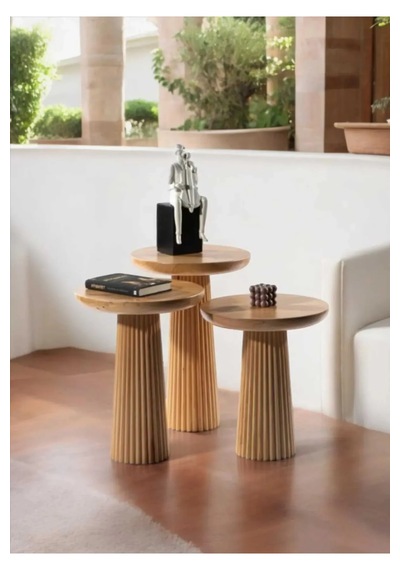 Wood Wooden 3 Lü Set Fitilli Mantar Yan Sehpa Modern Ahşap Renk F