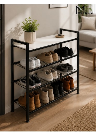 Loft 4 Katlı Siyah Metal Ayakkabılık, Ahşap Mdf Tablalı, Çok Amaçlı Ayakkabı Düzenleyici, 77x30x70 Cm Loft 4 Katlı Siyah Metal Ayakkabılık, Ahşap Mdf Tablalı, Çok Amaçlı Ayakkabı Düzenleyici, 77x30x70 Cm