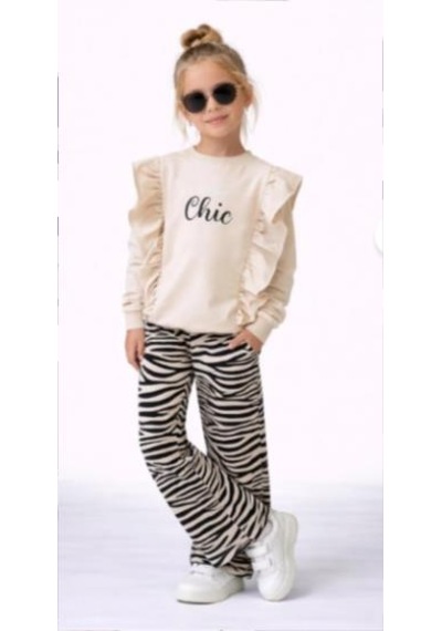 Kız Çocuk "stay Chic" Fırfırlı Sweatshirt Ve Zebra Desenli Takım 50041- Krem