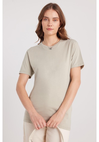 Tudors Kadın Slim Fit Dar Kesim %100 Pamuk Yumuşak Dokulu Yeşil Bisiklet Yaka Tişört-37840 Taş