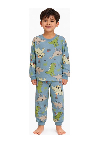 Mini Stella Kids Mavi Dinozor Desenli Erkek Çocuk Pijama Takımı