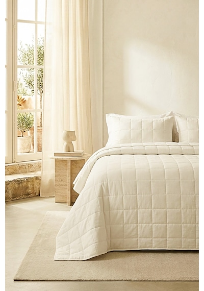 Ocean Home Textile %100 Pamuk Kumaş Kapitoneli Ekru Çok Amaçlı Çift Kişilik Yatak Örtüsü Seti 1 Adet 250 X 230 / 2 Adet 50 X 70 Cm