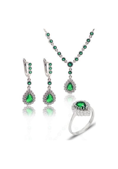 Zümrüt Taşlı Damla Model 925 Ayar Gümüş Kadın Üçlü Set 201025666