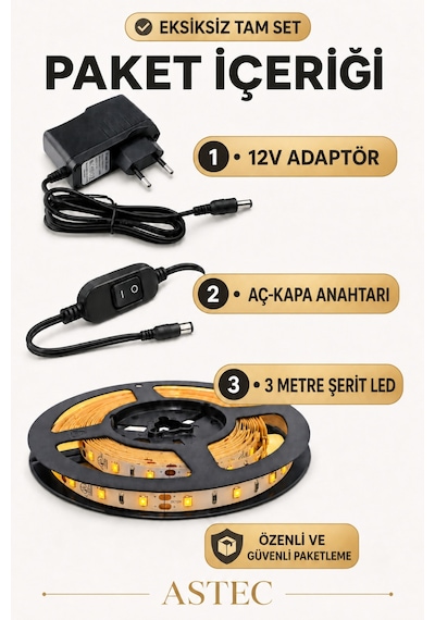 Astec Mutfak Dolabı Tezgah Üstü İçin 3 Metre Amber Renk 12v Adaptörlü Aç Kapa Anahtarlı Şerit Led Işık