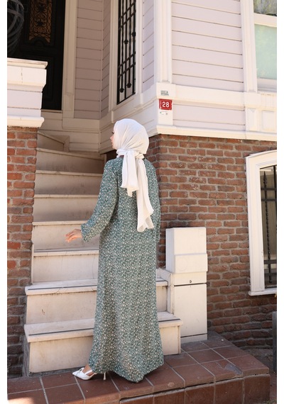 Nevayla Moda Çiçek Desenli Viskon Elbise - Yeşil / E0128 Yeşil