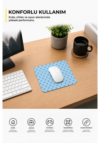 Mavi Renkli Kalpli Desenli Ergonomik Mouse Pad, Kaymaz Yüzey İle Ev Ve Ofis Kullanımı İçin İdeal