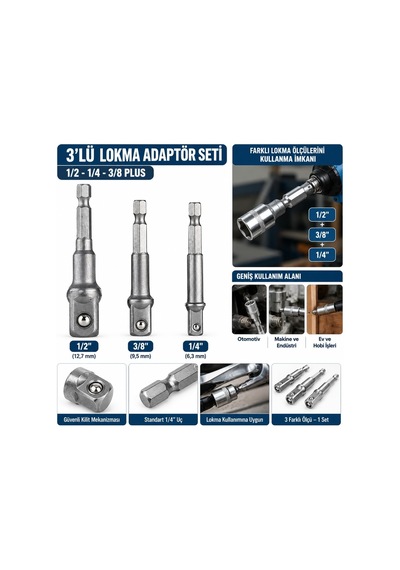 3'lü Lokma Adaptörü Seti, 1/4", 3/8", 1/2" Çelik, Matkap Ve Vidalama Aletleri İçin 1/4" Hex Plu