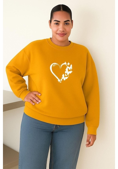 Benroma Kelebekli Kalp Baskılı Büyük Beden Unisex Sweatshırt Sarı