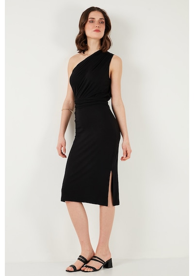 Lela Slim Fit Tek Omuzlu Yırtmaçlı Bağlama Detaylı Midi Bayan Elbise 5866272 Siyah