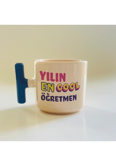Yılın En Cool Öğretmen Baskılı Mavi Kulplu T Öğretmenler Günü Kupa
