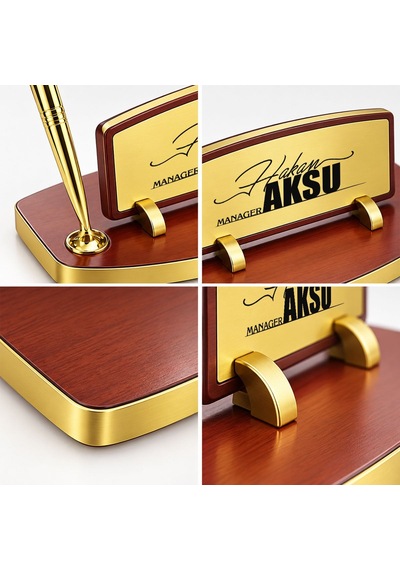 Bk Gift Kişiye Özel Kalemli Ahşap Masa İsimliği Gold Plakalı Bk26 -4 Çok Renkli