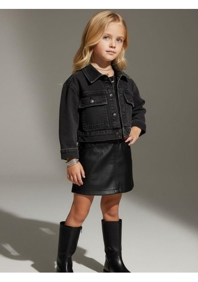 Zekids Kız Çocuk Cepli Crop Kot Ceket-16683 Siyah