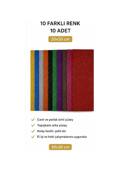 Simli Eva Yapışkanlı 10 Renk 10 Adet 20x30 Cm 1