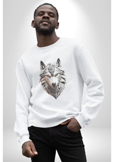 Beyaz Kurt Kafası Unisex Beyaz Baskılı Sweatshirt Beyaz