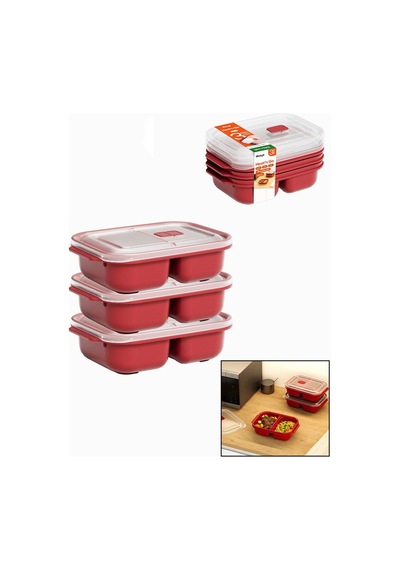3 Pcs Kırmızı Bölme Dikdörtgen Saklama Kabı Seti 1200ml 5047 çok renkli