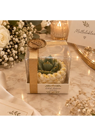 20 Li Kişiye Özel Nikah Hediyeliği Sukulent Mum Taş Tozu Mumluk Süslemeli Etiketli