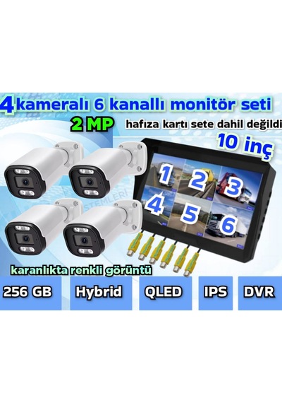 4 Adet Ahd 2 Mp Beyaz Warm Ledli Kamera 10'' Qled 6 Kanallı Monitör Seti 12 V 256 Gb