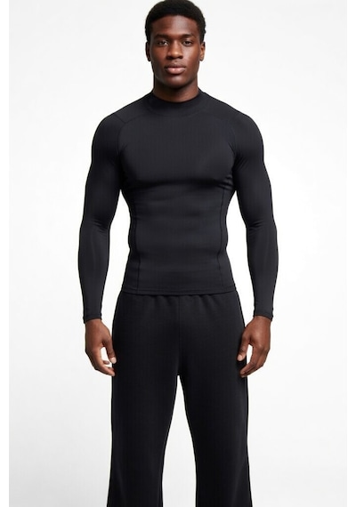 Premium Siyah Uzun Kol Compression Erkek T-shirt Spor Gym Fitness Boks Kickboks Tişört Siyah