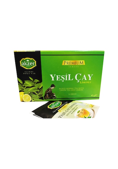 Akzer Premium Limonlu Yeşil Çay Karışık Bitki Süzen Poşet Çay 20 x 2 G