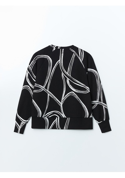 Lcwaıkıkı Classic Siyah Bisiklet Yaka Desenli Oversize Kadın Sweatshirt