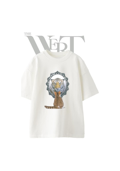 Thewert Kedi Ayna Kaplan Tasarım Baskılı Ünisex Beyaz Oversize T-shirt