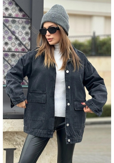 Kadın Siyah Geniş Cepli, Kaliteli Jeans Kumaş, Salaş Kot Ceket Siyah
