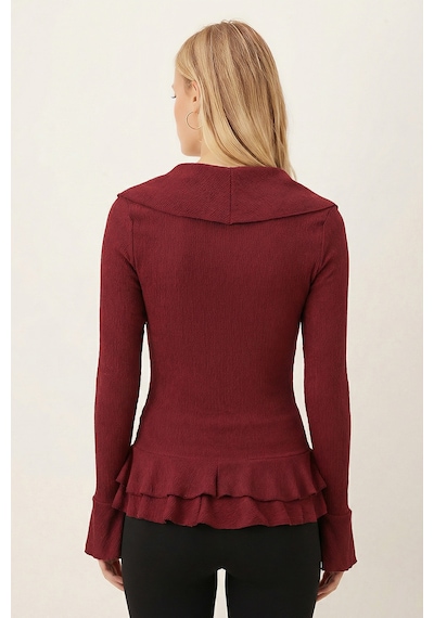 Armonika Kadın Bordo Yakası Fırfırlı Kolları Volanlı Büzgülü Bluz Arm-26k001079