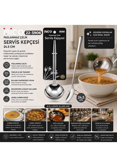 İbico İ22-448 24.5cm Krom Metal Servis Kepçe - 12'li Paket
