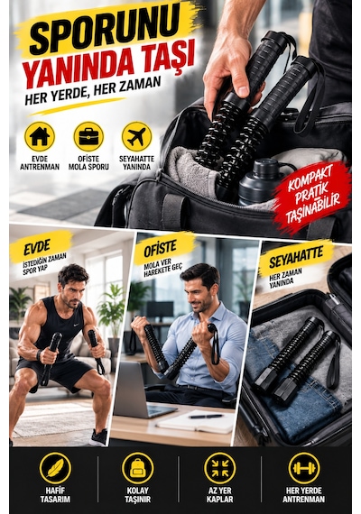 2'li Set 46 Cm Kablosuz Savaş Halatı Yaylı Egzersiz Aleti Evde Fitness Ergonomik Bilek Askılı Sporcu Siyah