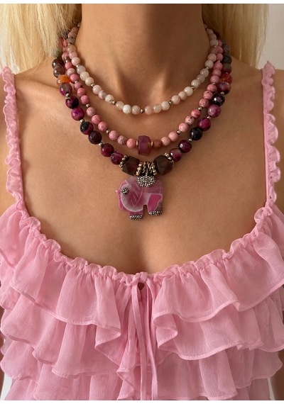 El Yapımı Pembe Opal, Rodonit & Pembe Akik Doğal Taş Kolye Seti