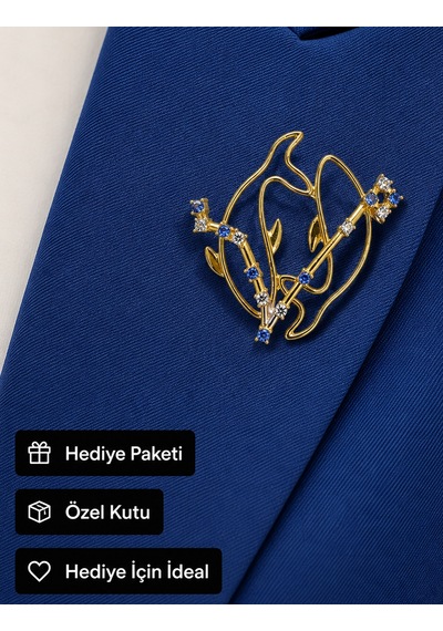 Balık Burcu Kadın Broşu Hediye Mavi Taşlı Gold Renk Zirkon Taş Broş Açık Gri
