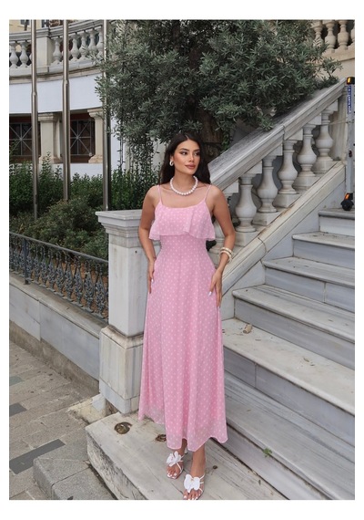 Kechi Woman Şifon Astarlı Puantiyeli Askılı Elbise Pembe