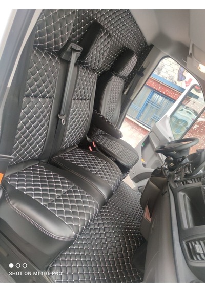 Ford Transit 2015 2022 Arası Uyumlu 2+1 Beyaz Nakışlı Deri Siyah Deri Karışımı Beyaz Ip
