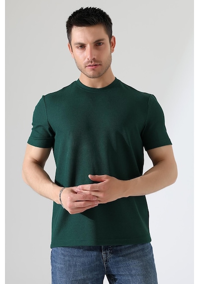 Erkek Fitilli Slim Fit Bisiklet Yaka Düz Renk T-shirt Yeşil