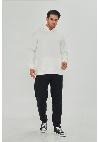 Pxm Erkek Beyaz 3 İplik Şardonlu Oversize Hoodie Kapüşonlu Sweatshirt Kırık Beyaz Kırık Beyaz