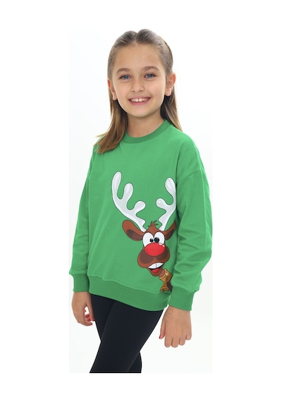 Toontoy Kız Çocuk Noel Baba Geyiği Baskılı Sweatshirt Çimen Yeşili