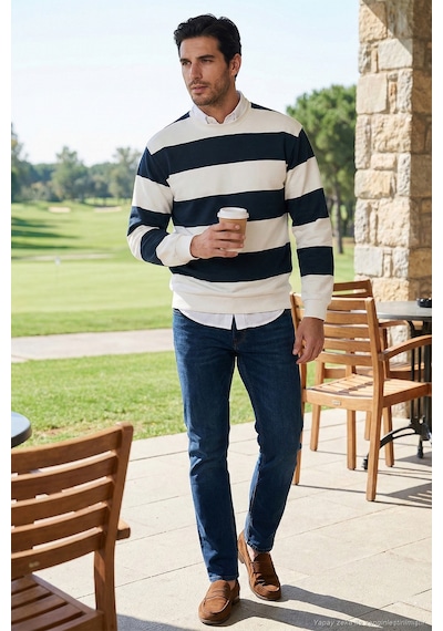 Buratti Pamuklu Çizgili Regular Fit Bisiklet Yaka Erkek Sweat 5905790 Lacivert