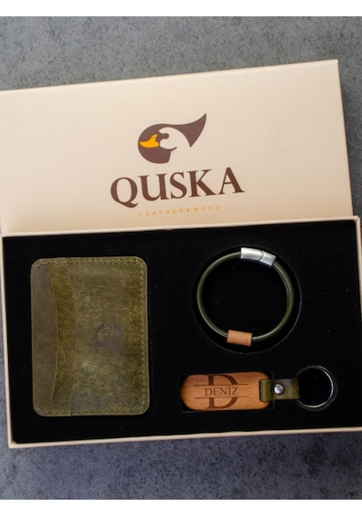 Quska Kişiye Özel İsimli El Yapımı Hakiki Deri Yeşil Kartlık+anahtarlık+bileklik Set - Grain Minimal Yeşil