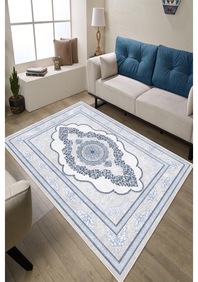 Klasik Desenli Dijital Baskılı Kaymaz Taban Yıkanabilir Salon Halısı Oturma Odası Halısı Mavi