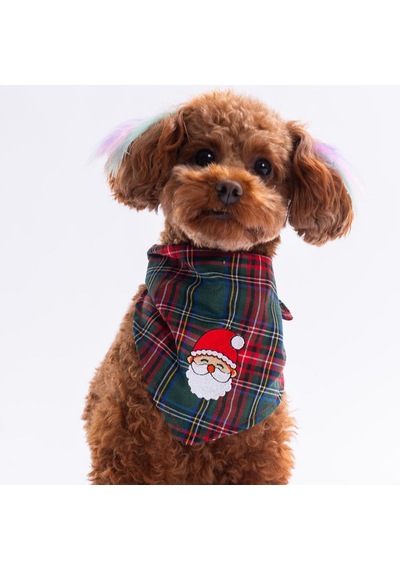 Santa Sprinkles Noel Baba Nakışlı Ekose Desen Yeşil Kedi Köpek Fuları Pet Bandana Köpek Bandanası