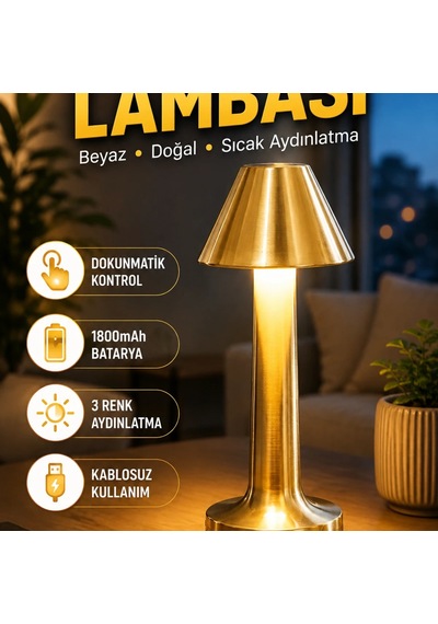Kablosuz Led Masa Lambası 1800mah Dokunmatik 3 Renkli Şarjlı Masa Aydınlatma