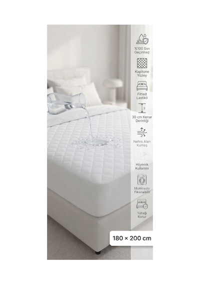 Lazer Kesim Kapitone Sıvı Geçirmez Yatak Alezi Yatak Koruyucu Battal Bot 180x200 Beyaz