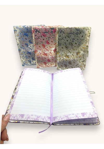 Parlak Çiçekler Hatıra Defteri Günlük Kilitli Defter 80 Yaprak -mavi