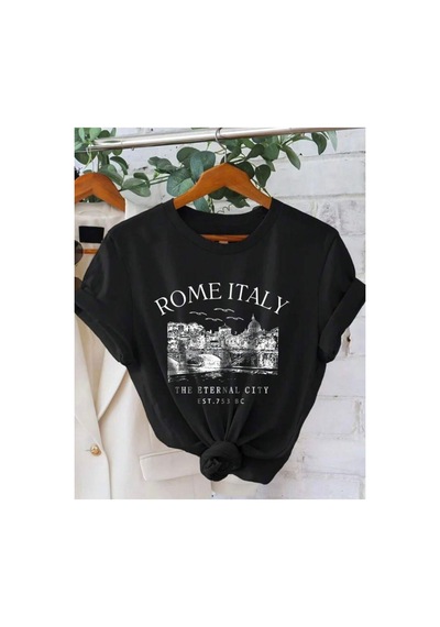 Medinenur Rome Italy Desen Baskılı Basic T-shirt Siyah