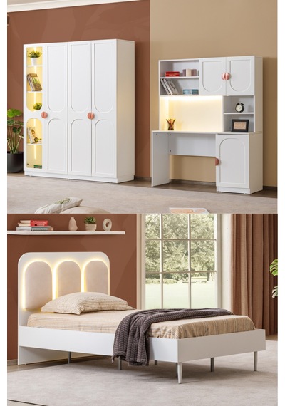 Sardes Ledli Genç Odası - 4 Kapaklı Dolap, Karyola, Masa Beyaz