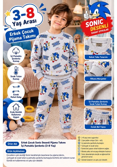 Üç Gül Ticaret Erkek Çocuk 3-8 Yaş Sonic Desenli Pijama Takımı İçi Pamuklu Şardonlu Gri