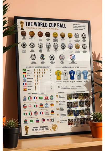 World Cup History Dünya Kupası Tarihi İnfografik Lüks Çerçeveli Tasarım Futbol Duvar Dekoru Siyah